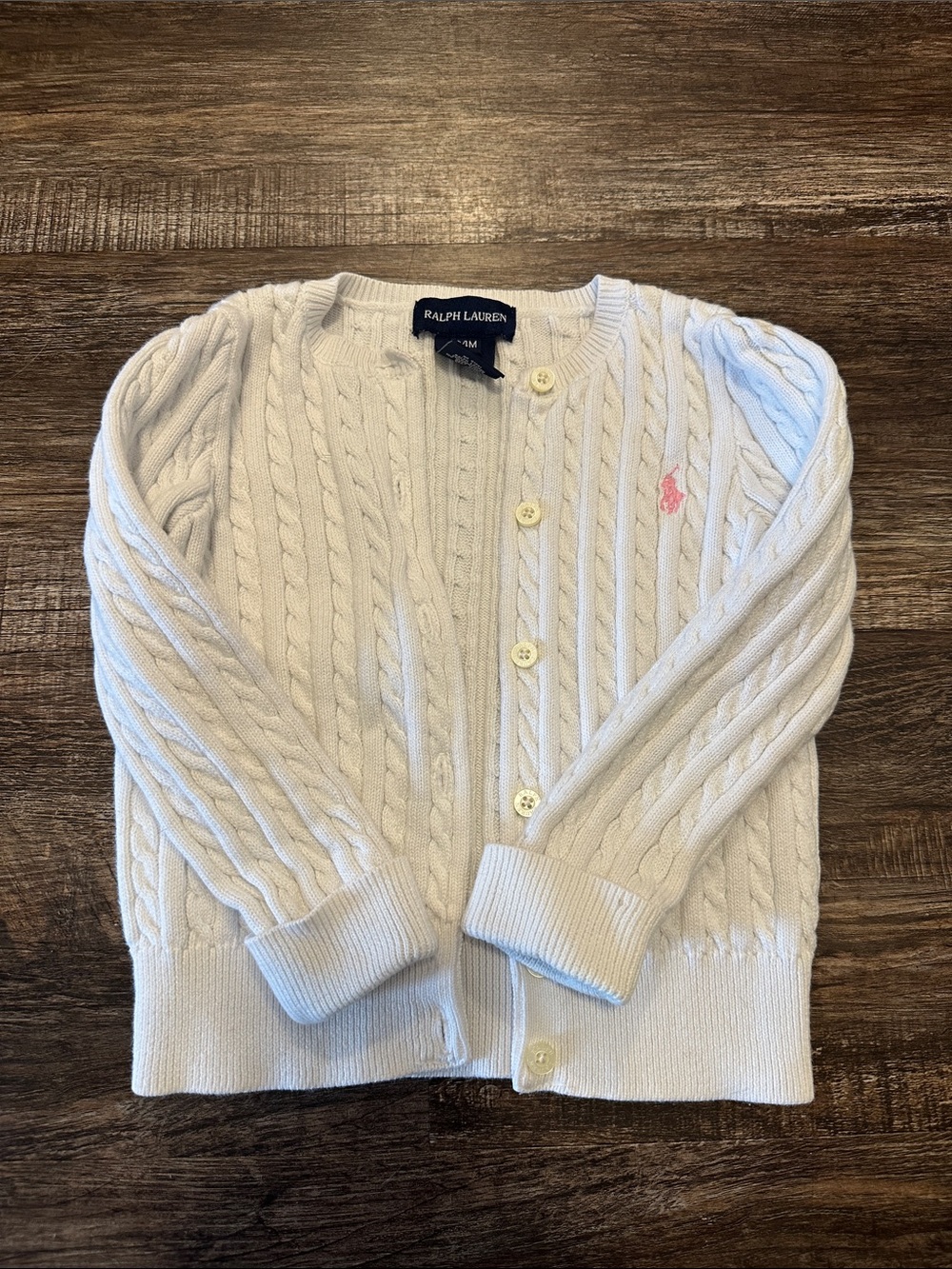 Ralph Lauren White Cable-Knit Cardigan with Pink Pony Embroidery